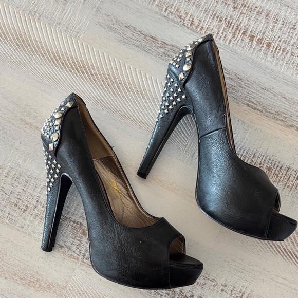 Yoki Black Peep-Toe Heels with Studded Detail - Picture 2 of 6